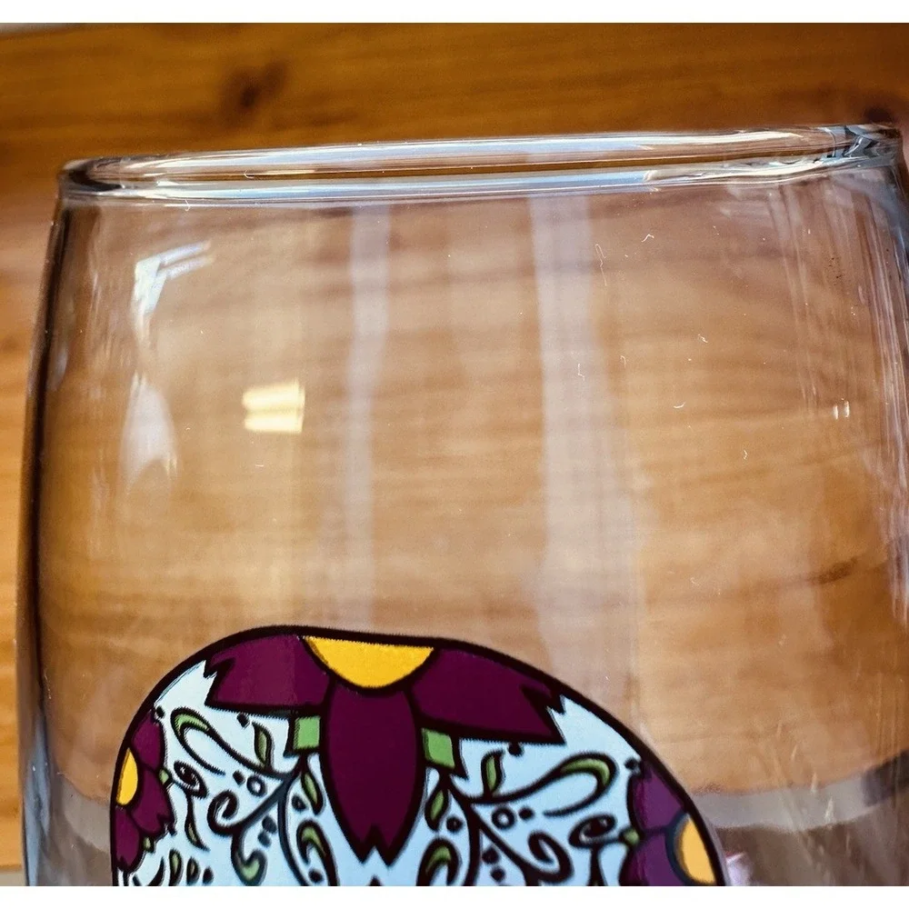 Stemless Wine Glass DAY OF THE DEAD Painted Scull 14 fl oz Set‎ Of 2